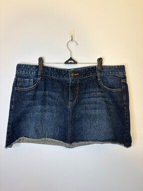 Inked & Faded Denim Raw Hem Mini Skirt Dark Wash XL